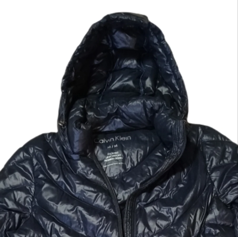Calvin Klein Hooded Puffer Jacket Navy Blue Quilted Zip Coat Women's Medium